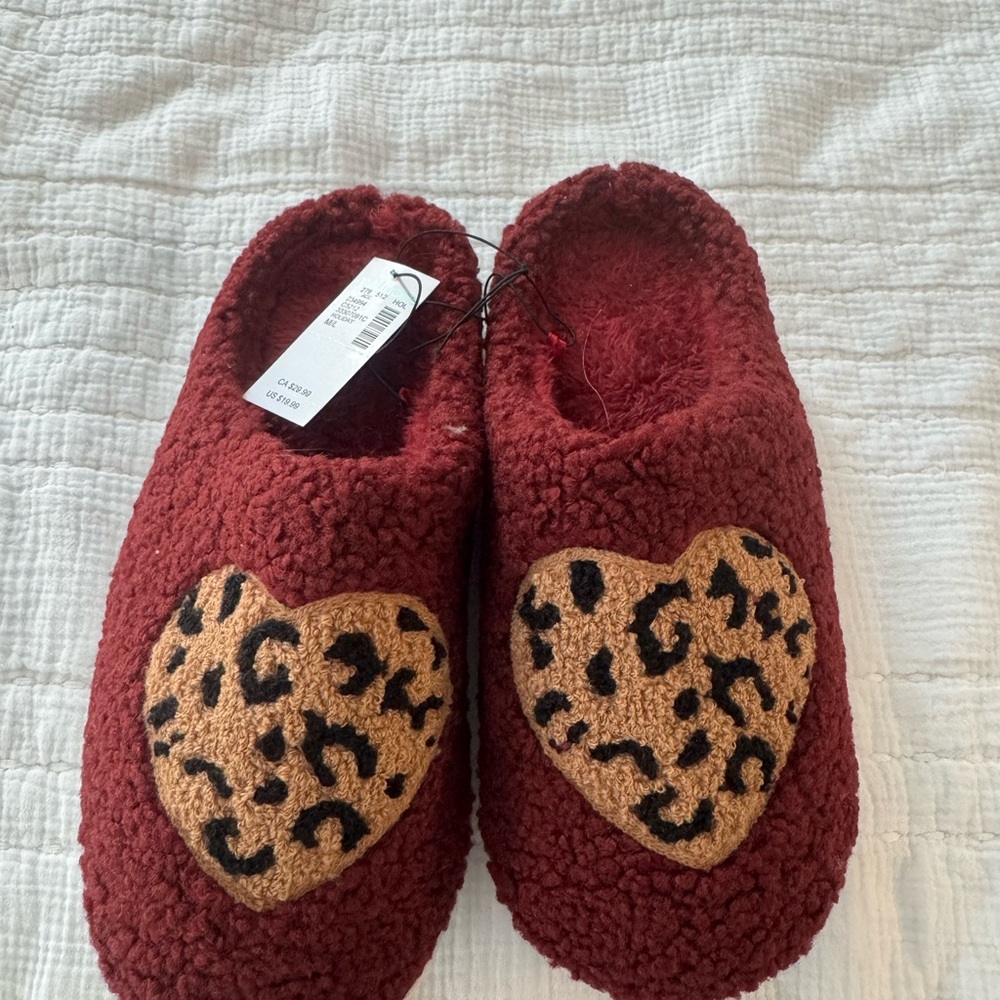 Cozy Red Slippers with Leopard Heart